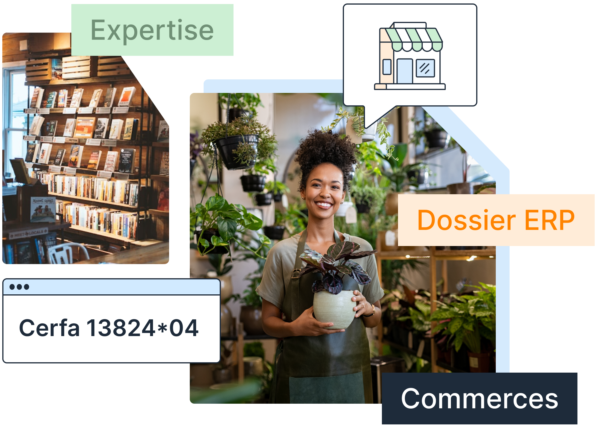 Ouvrir un commerce avec Normizy — fleuriste souriante entourée des étapes du dossier ERP et du Cerfa 13824*04